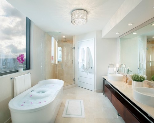 bathroom ceiling lights contemporary bathroom idea in miami with a freestanding tub and a vessel IDBTKOY