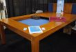 game table tablezilla in french couture finish and dark blue fabric. note there are 2 DTCJVXY