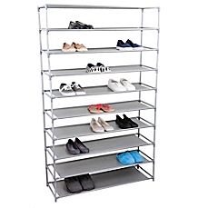 image of home basics® 10-tier plastic and fabric wide shoe rack in grey DLJFYGN