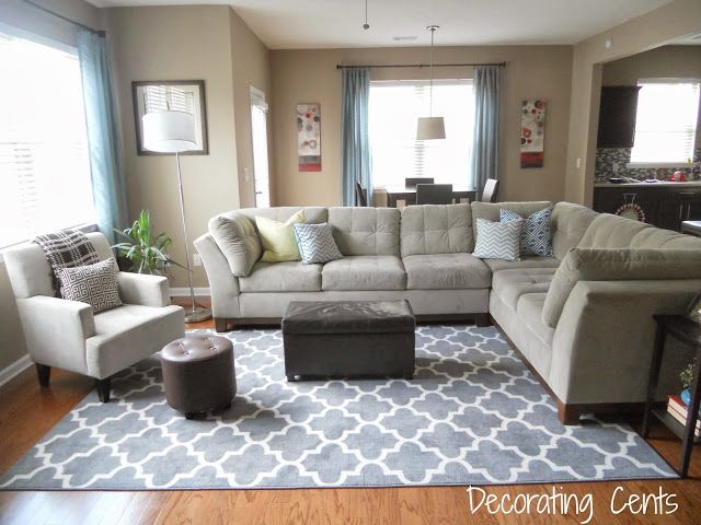 living room rugs family room, gray trellis rug, sectional, blue accents JKTOUQY