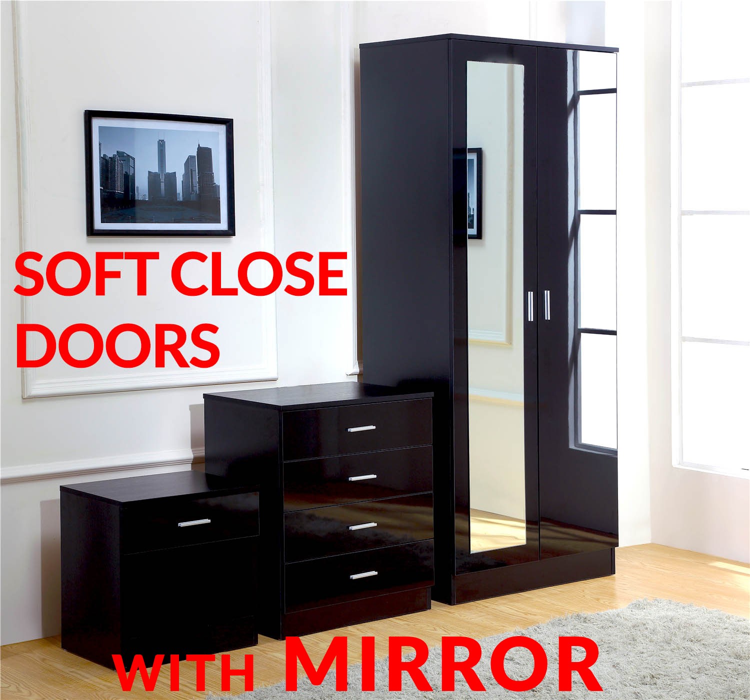 wardrobe sets gladini mirror black high gloss 3 piece bedroom furniture set - wardrobe HSAJJXU