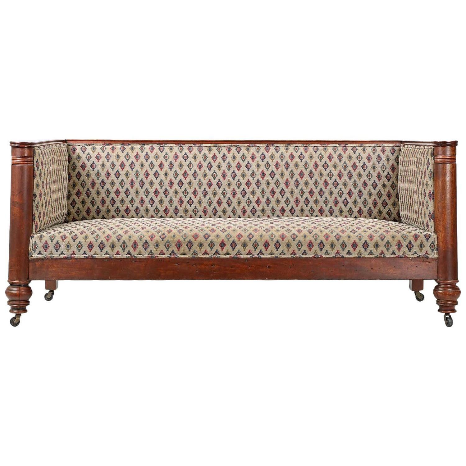 19th century empire box form antique sofa settee with barrel column arms at DLLXDJK