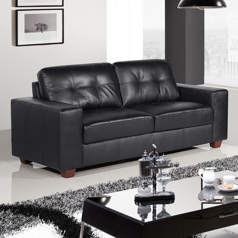 black leather sofas strada 3 seater black sofa with tufted seats and cushions QJOSTVC