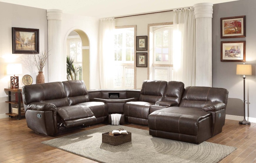 sectional reclining sofa 8brown-recliner-sectional-with-table-console-in-center LKPSFKW