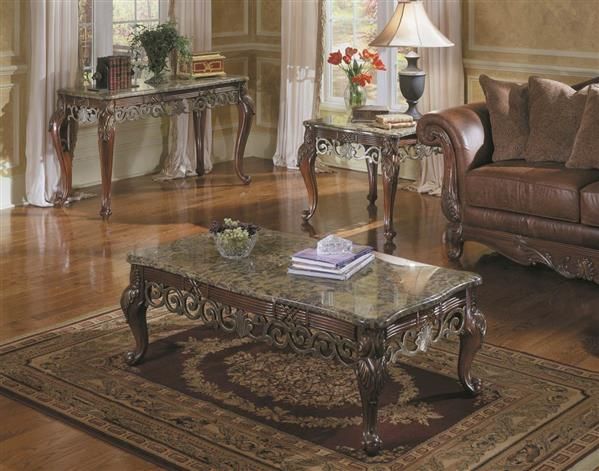 Barcelona Rich Warm Cherry Wood Marble Coffee Table Set | Marble .