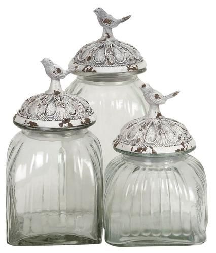 Set of 3 Decorative Glass Jars with Polystone Bird Lid, Clear .