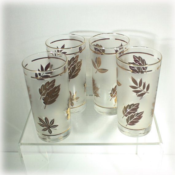 Gold Leaf Glasses, Libbey Glass, Frosted Glasses, Drinking Tumbler .