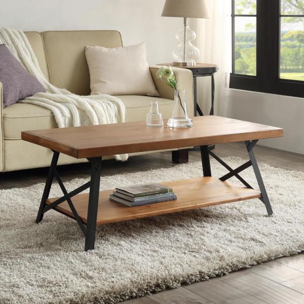 Harper & Bright Designs Brown Solid Wood Coffee Table with Metal .